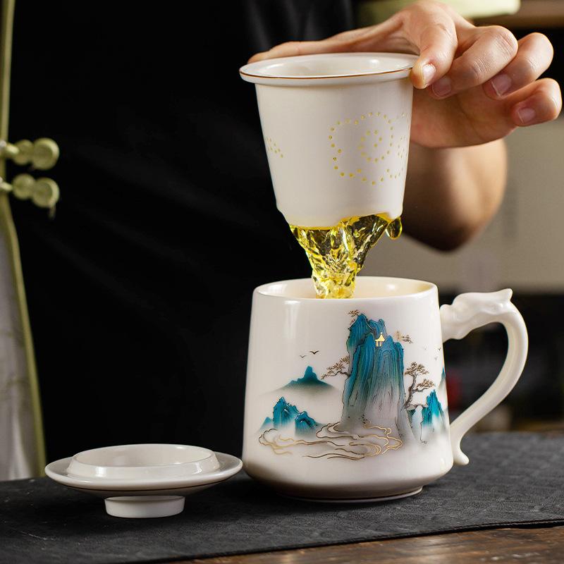 Klassischer Yangzhi Jade Weiß Porzellan Büro Tasse High-End Konferenz Tasse Tee Wasser Trennung Teezubereitungsbecher