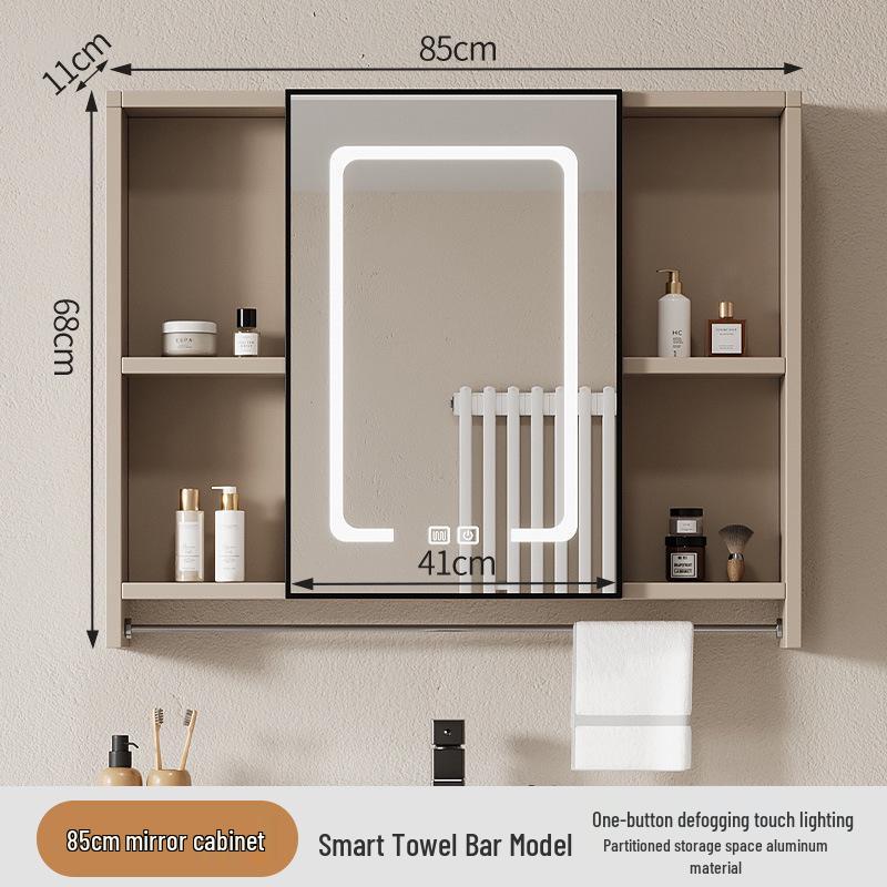 40cm x 50cm Space Aluminum Smart Mirror Cabinet with Lights & Defogging, Punch-Free Wall-Mounted for Small Bathrooms