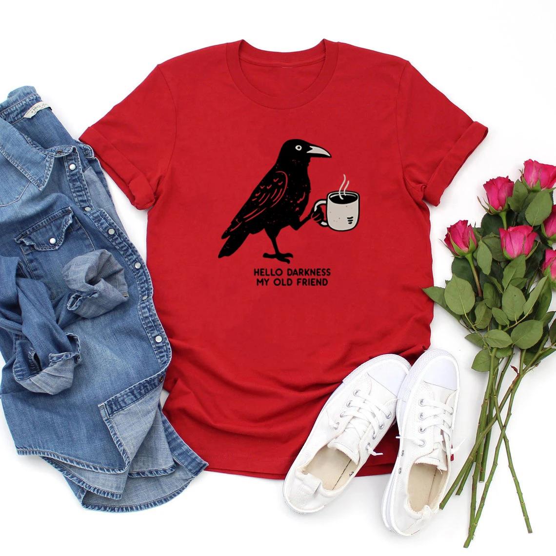 Raven Crow Coffee Shirt Halloween Womens Tshirt Short Sleeve Coffee Lover Gift Crow Coffee Printed Pattern Tshirt S