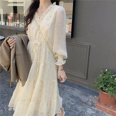 Bahar Fransız Zarif Uzun Kollu Katlı Elbise Kadın Moda Slim Fit Uzun Elbise Romantik Stil