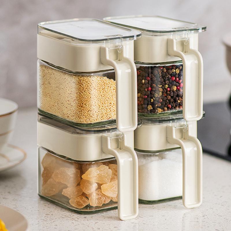 Condiment Jar Spice Container Sugar and Salt Container Set Glass Seasoning Box with Spoon Dustproof Lid and Handle
