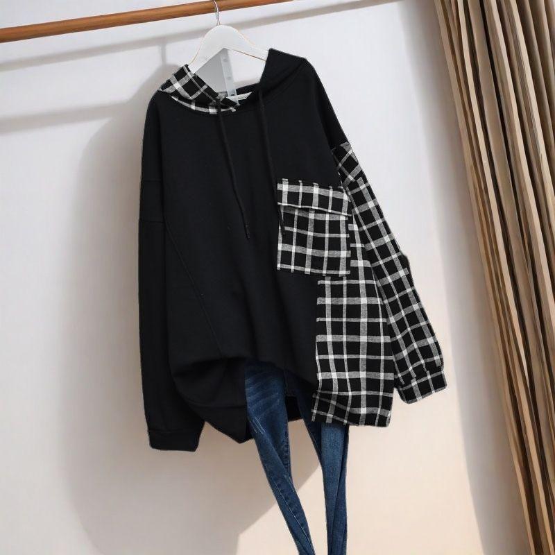 Plus Size Women's Hooded Sweater 2025 Autumn New Korean Loose Splicing Plaid Top