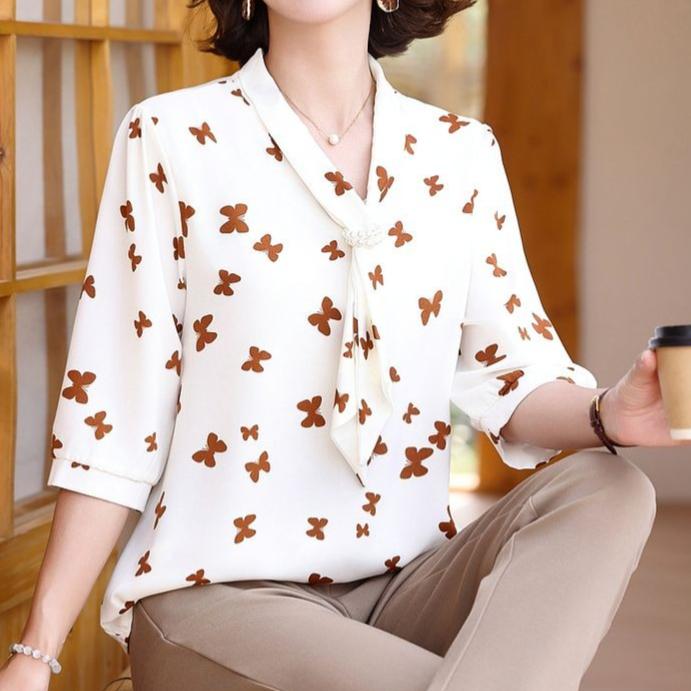 Women Blouse Chiffon Shirt Butterfly Three-quarter Sleeves Spring Summer Clothes Top Long Sleeve Women's Shirt Blusas Ropa De Mujer