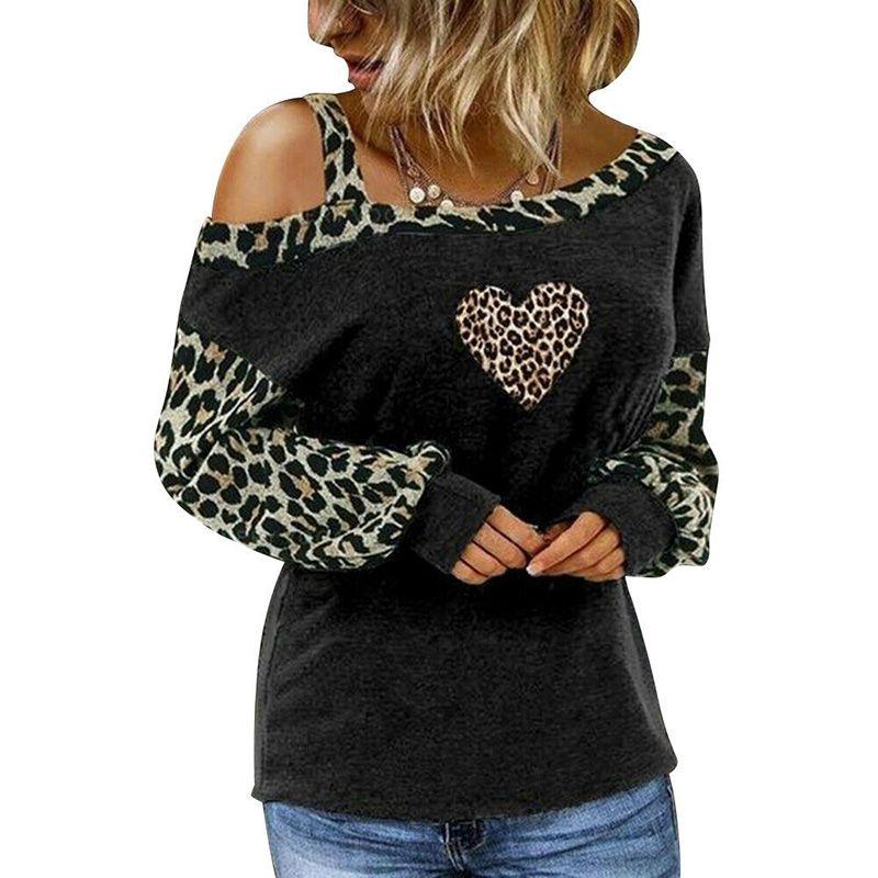 

Leopard Womens Print Cold One Shoulder Tshirt Blouse Long Sleeve Tops Casual L чёрный
