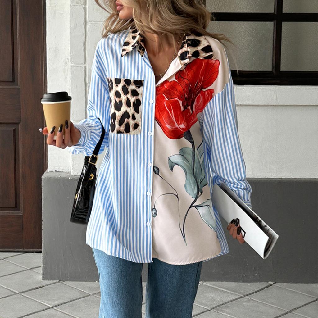 New Fall Women's Striped Patchwork Printed Shirt Casual Vacation Fashion Top