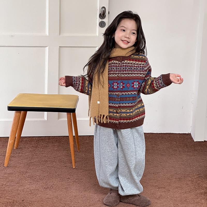 Girls Kids Vintage Fair Isle Jacquard Knit Cardigan Sweater Winter Outerwear