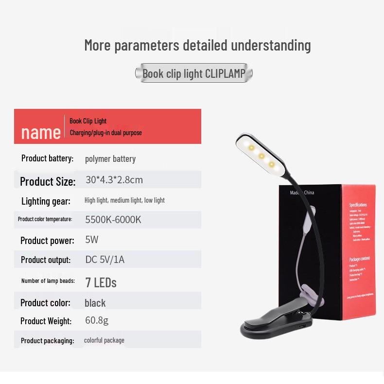 Clip-On LED Desk Reading Light with Eye Protection and Rechargeable Battery