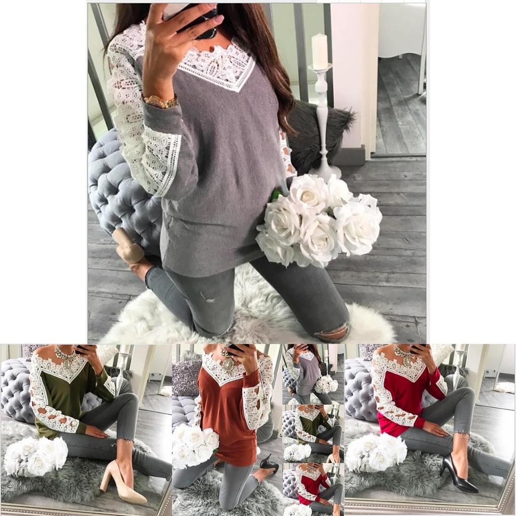 Elegant Sexy Lace Stitching Off Shoulder Crochet Blouse With Hollow Long Sleeves