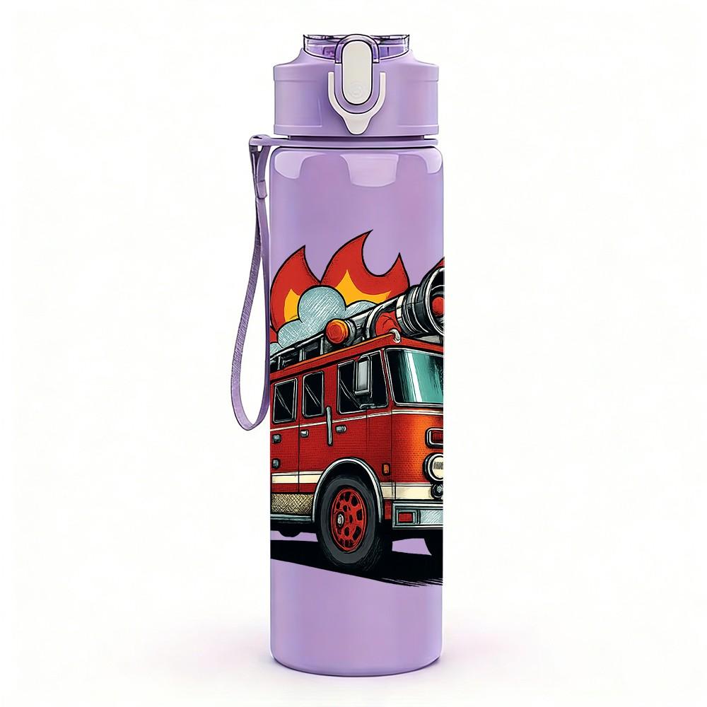 1PC Fire Truck Flame Silhouette 750ml Color Plastic Sports Water Bottle Leakproof Flip Straw Lid Suitable for Sports Office Home Use