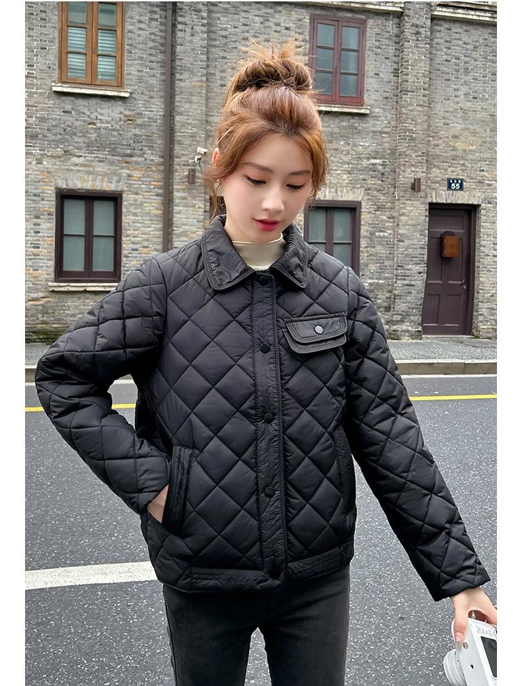 Thin Short Rhomboid Winter Jacket with Turn Down Collar