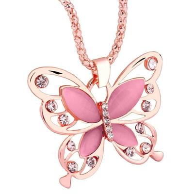 Módní ženy Rose Gold Opál Butterfly Přívěsek náhrdelník s dlouhým řetízkem šperky