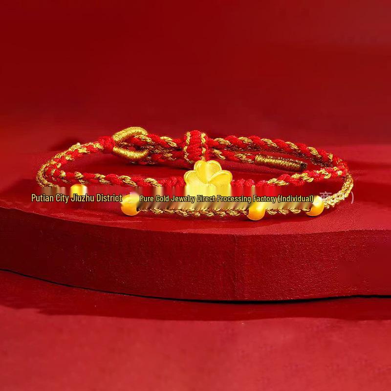 999 Pure Gold Women's Red String Horse Bracelet with Luck Bead