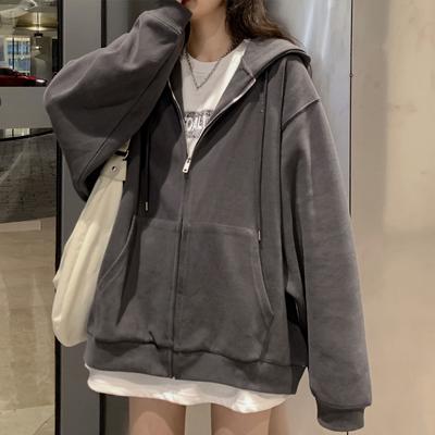 Harajuku Koreanische Version Hoodies Herbst Einfarbig Zip Up Übergroßen Sweatshirts Langarm Tasche Mit Kapuze Mäntel Jacke