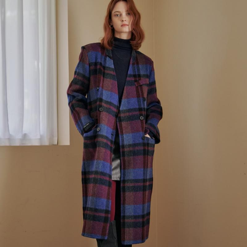 MAXZA Handmade Wool Check Long Coat Scarf Set Zd11hc005nh