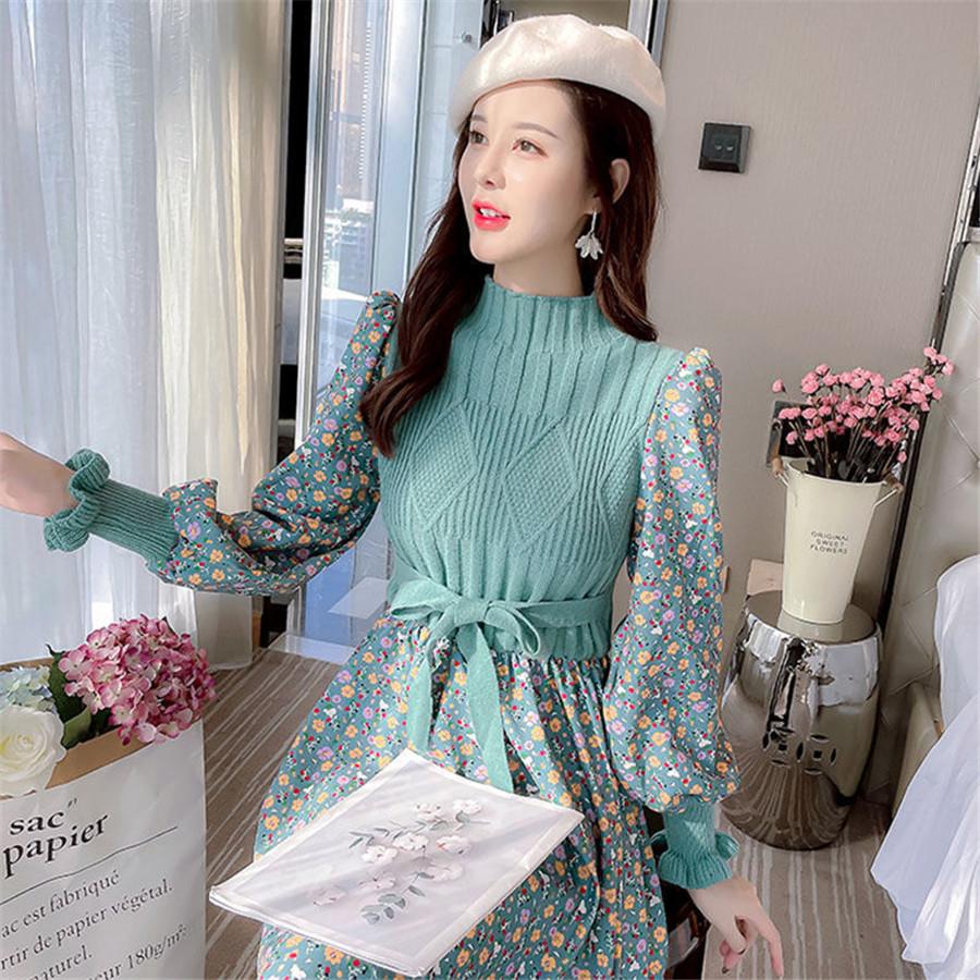 Autumn Sweater Dresses for Women Winter Splicing Pullover Bandage Slim Knitting Dress Sweet Corduroy Floral Print Dress