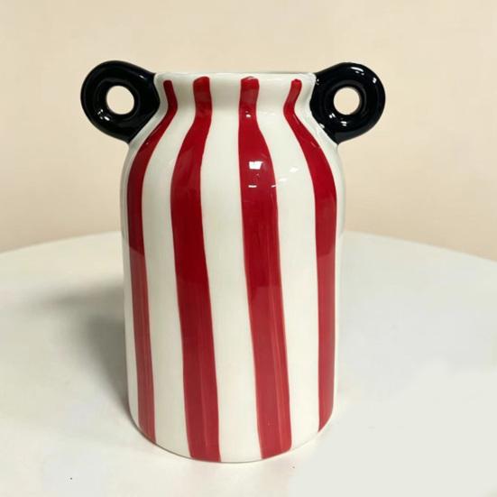 Ceramic Striped Flower Vase with Dual Handles Hand Painted Small Decorative Vase