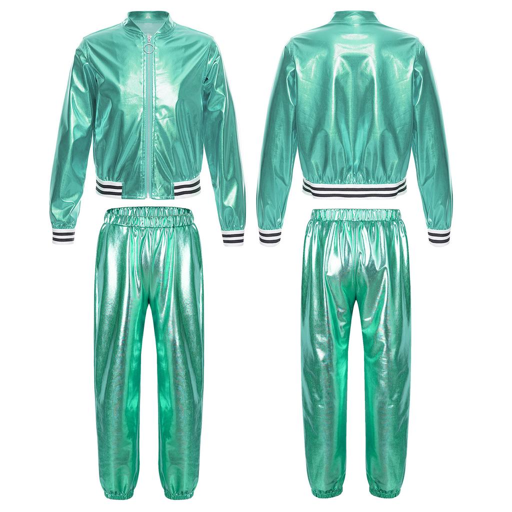 Kids Girls Shiny Metallic Dance Performance Costume Hip Hop Street Dance Dancewear Workout Tracksuit