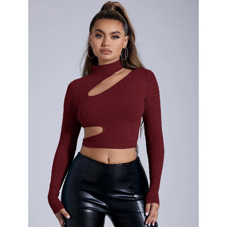 

Осень И Зима Полувысокий Воротник Черная С Длинным Рукавом Сексуальная Внутренняя Футболка Короткий Облегающий Топ Для Женщин XL вино красного