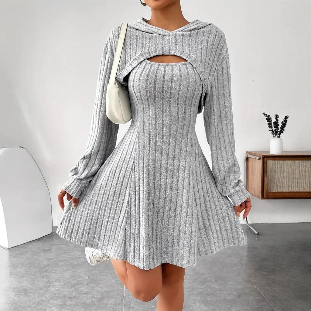 Women's Fashionable Casual Solid-color Long-sleeved Hooded Short Top + Sleeveless Dress Set