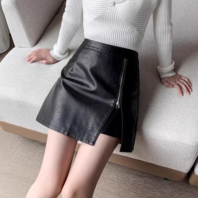 Women s High Waist Irregular Slit Leather A-line Skirt - Autumn/Winter 2026 Collection L