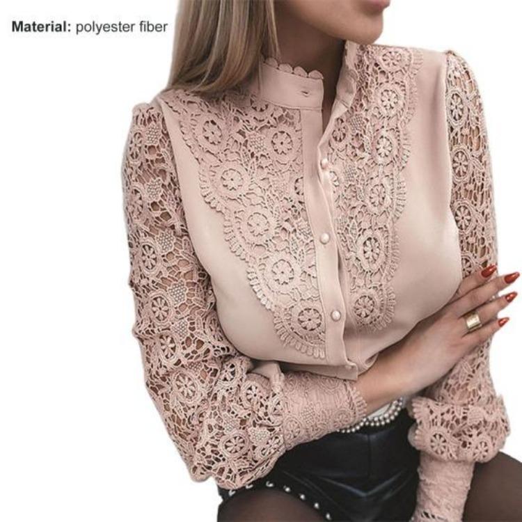 Women Shirt Blouse Lace Patchwork Solid Color Buttons Fashion Daily Wear Popular