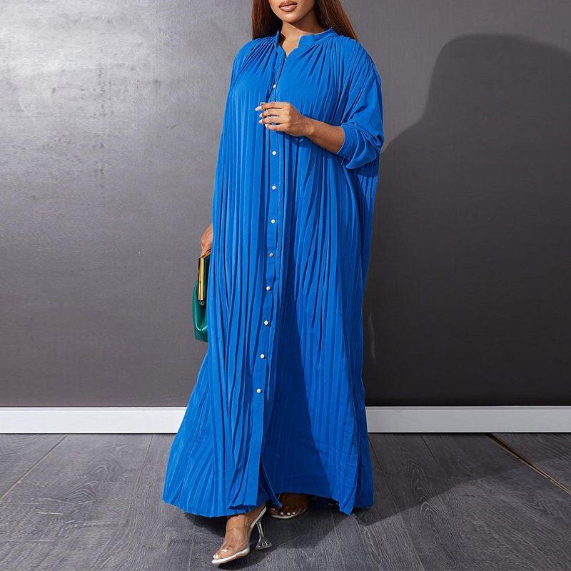 Women Eid Muslim Dresses Stand Collar Single Breasted Dubai Arab Vestidos Ramadan Casual Loose Kaftan Dress Solid Pleated
