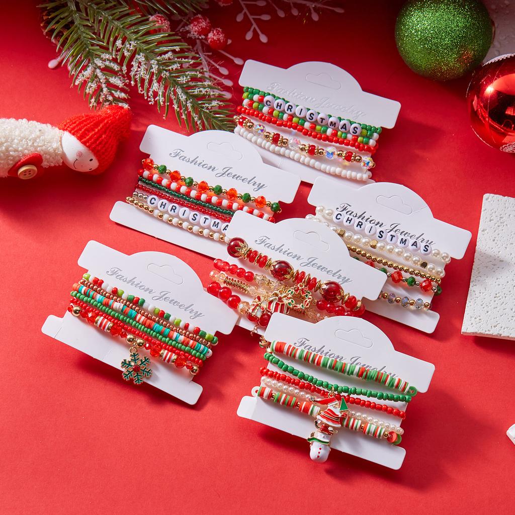 Colorful Beaded Christmas Bracelet Set For Women Men Santa Claus Snowman Snowflake Pendant Bangles New Year Party Jewelry