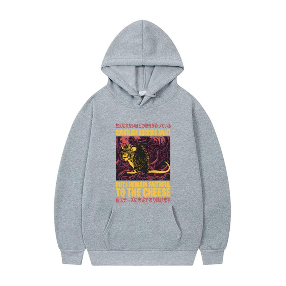 Countless Horrors Await But I Remain Faithful To The Cheese Hoodie Funny Japanese Rat Print Tracksuit Men Casual Vintage Hoodies