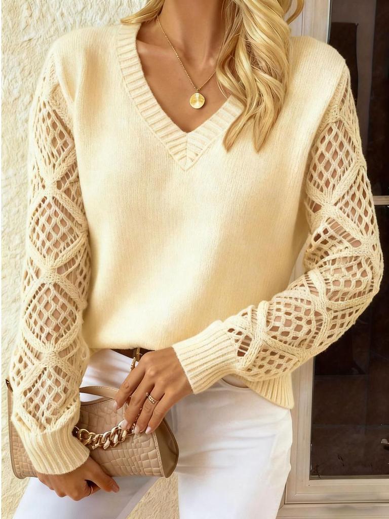 Spring/Autumn Long Sleeve Hollowed Out Knit Sweater Women's Pullover Crochet Flower Pile Loose V-Neck Base Top