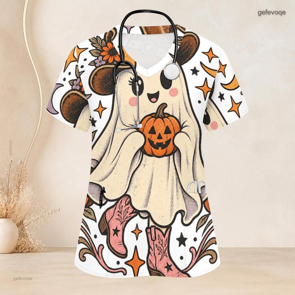 Women Plus Size V Neck Short Sleeve Scrub Top Black Cat Witch Hat Pumpkin Mushroom Halloween Print Nurse Uniform Top