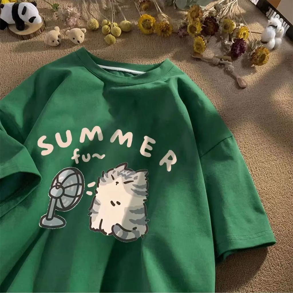 2026 Summer Hot Sale Korean Version Retro Minimalist Cat Printed Summer Tshirt Casual Loose Couple Thin Short Sleeve Unisex Unisex