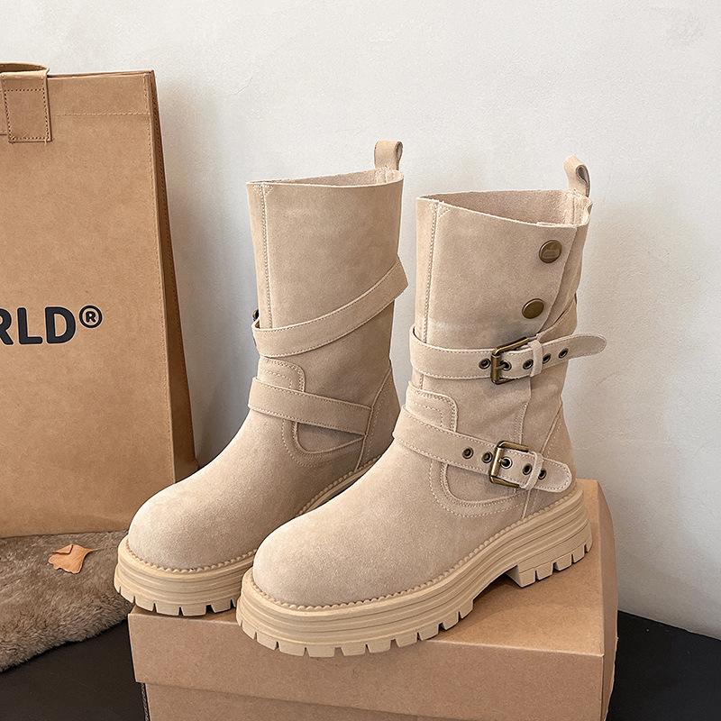 2025 autumn new retro wind matte leather rivet belt buckle two wear medium boots women's thick heel thick sole Martin boots