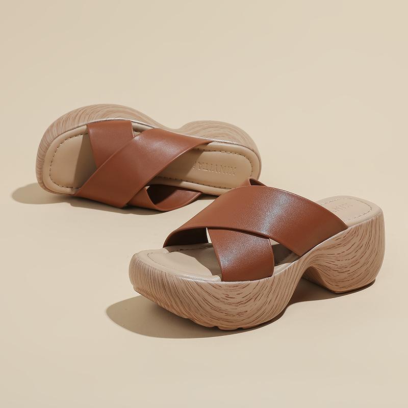 Retro Vacation Style Soft Bottom Cool Slippers Women's Summer New Cross with Thick Bottom Slope Heel Wear High Heel Roman Sandals