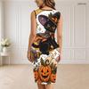Women Plus Size V Neck Sleeveless Halloween Raccoon Print Bodycon Midi Dress