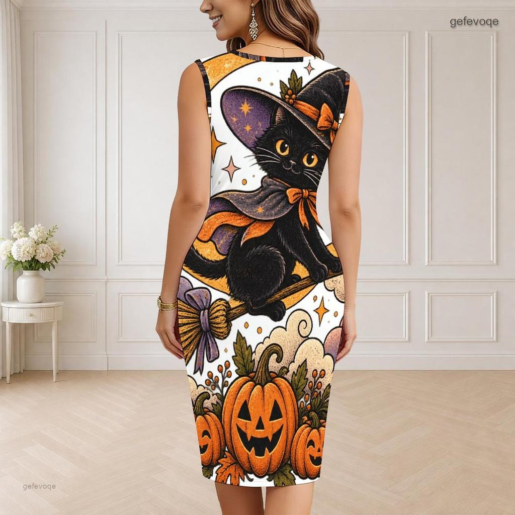 Women Plus Size V Neck Sleeveless Halloween Raccoon Print Bodycon Midi Dress
