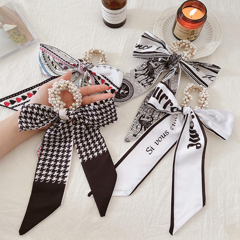 2021 Influencer Pearl Hair Tie with Ribbon Scarf Headband - Women's Elastic Band