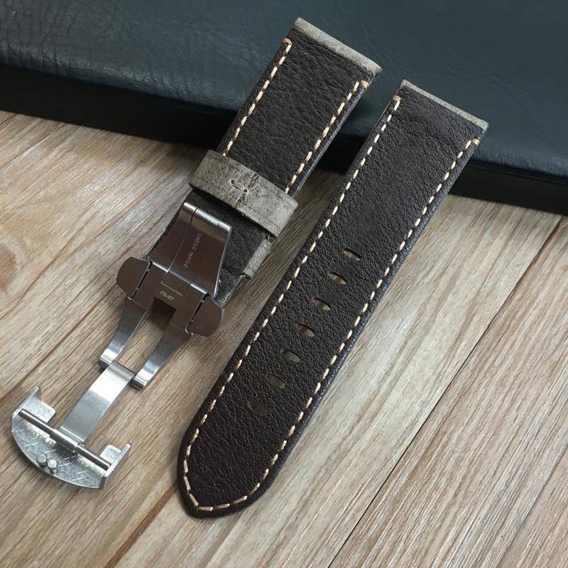 AAA Qualität 24mm Braun Grau Vintage Retro Italien Echtleder Armband für PAM111 PAM Uhrenarmband mit Schmetterlingsschnalle Gürtel