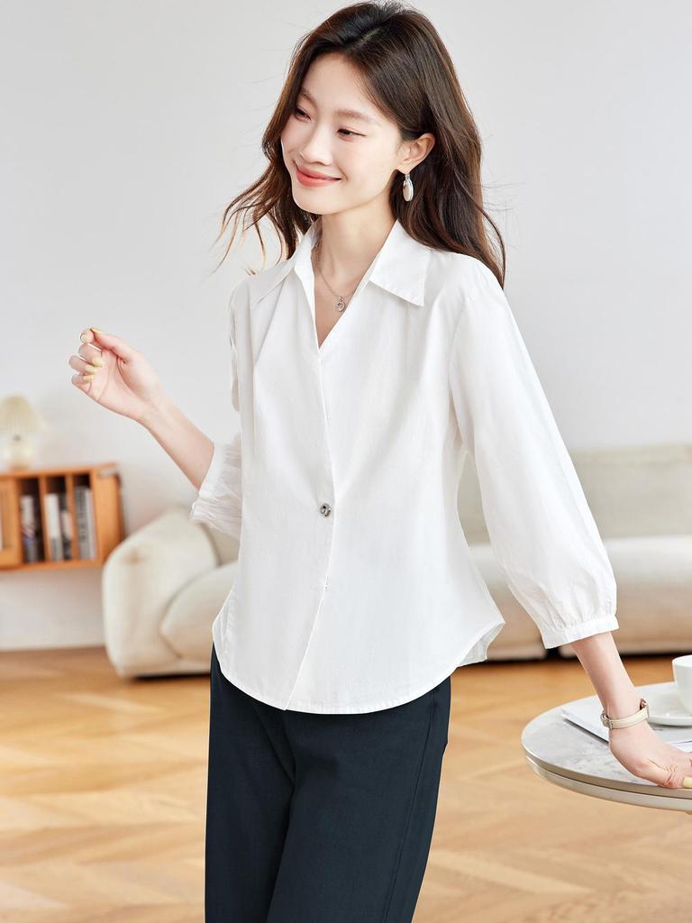 Damen Weißes Langarm-T-Shirt aus reiner Baumwolle mit V-Ausschnitt, Herbst 2025 Französischer Stil