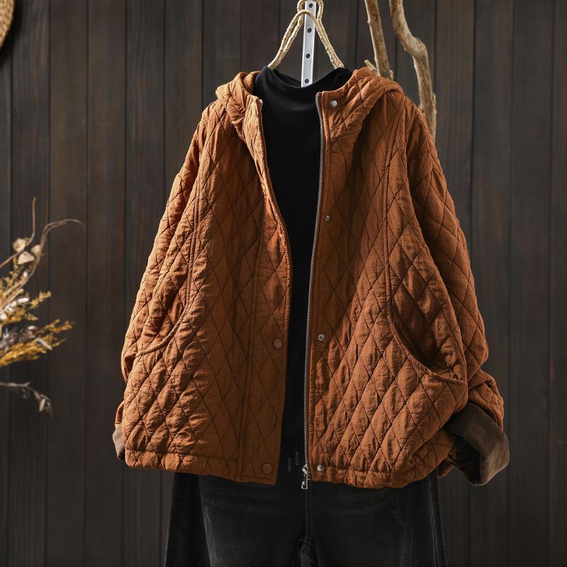 Chaqueta de Algodón con Capucha Acolchada de Diamantes para Mujer - Petite, Holgada, Informal, Ligera, Tendencia Invierno 2025