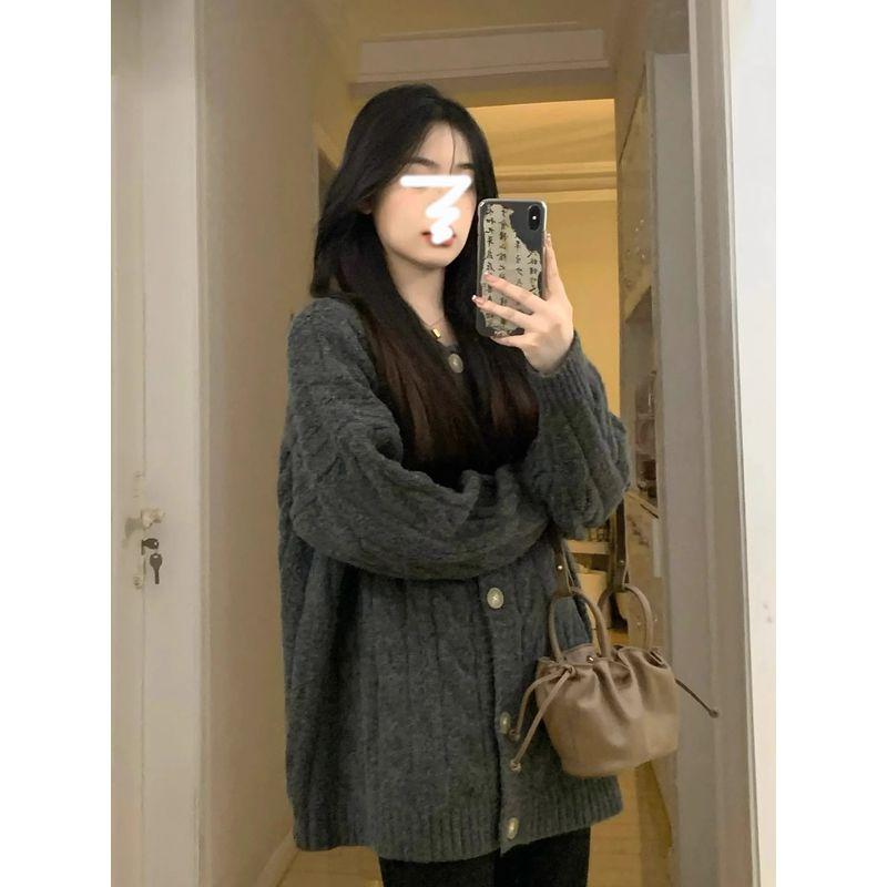 

Корейский стиль верхняя одежда весна и осень зима серый вязаный кардиган свитер Grey S