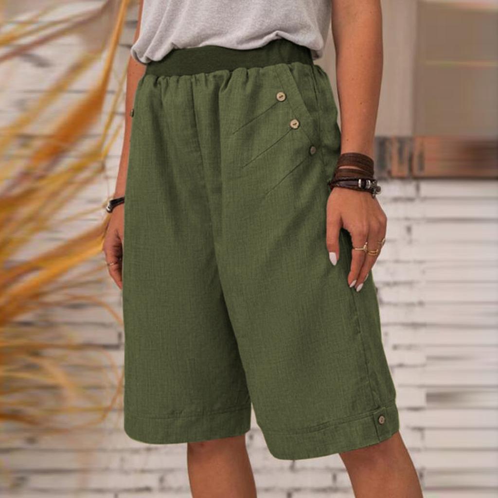 Women's Casual Pants Elastic Waist Straight-leg Pockets Summer Linen Shorts