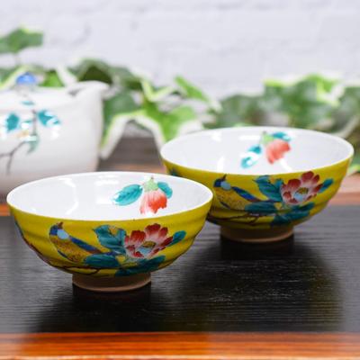 Waza No Kura Pair Rice Bowls Stylish Japanese Tableware Kutani Ware Rice Bowls Yoshidaya Camellia and Bird Design Ceramic Brand Made In Japan Perfect