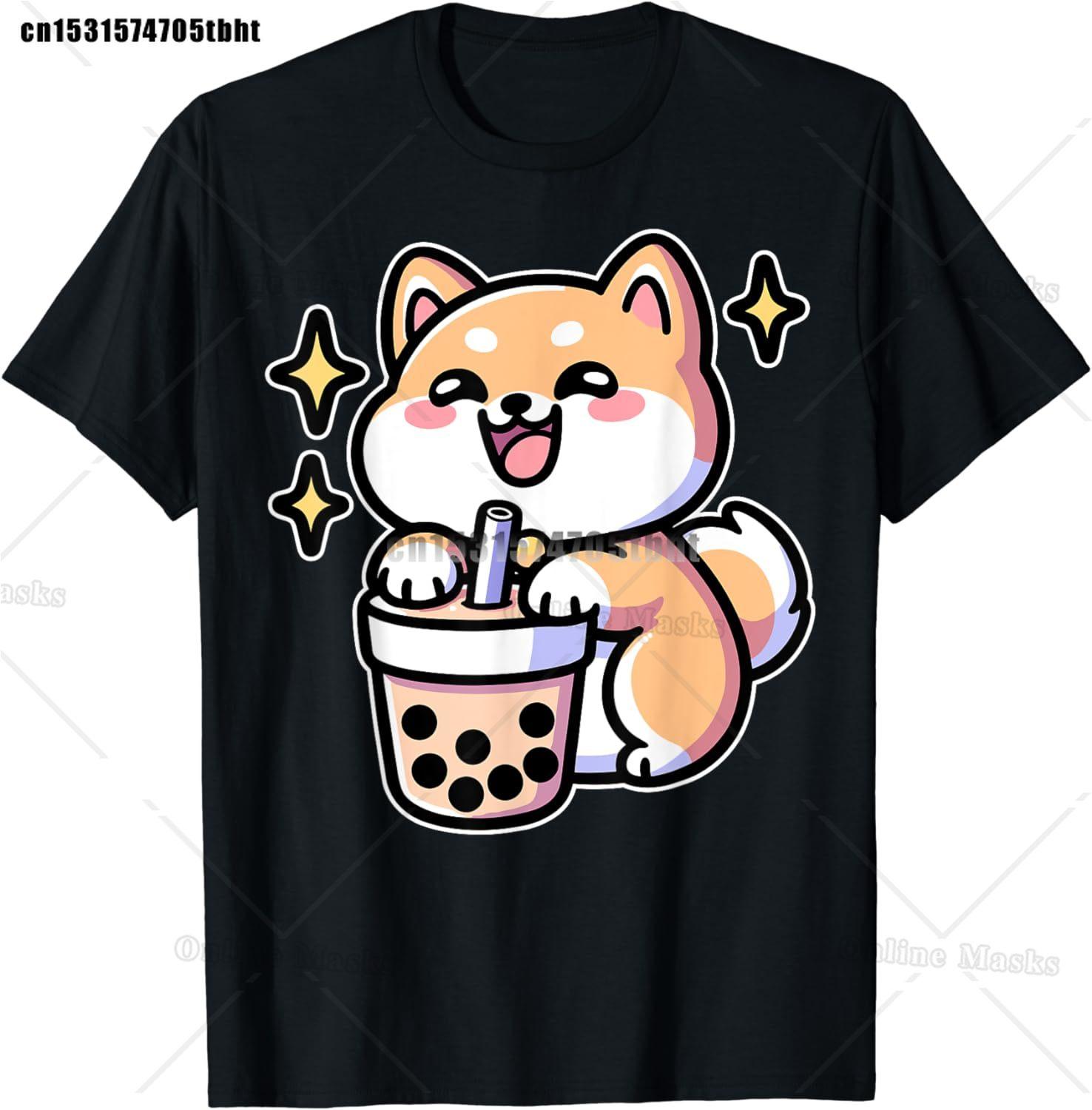 Kawaii Corgi Dog Shiba Inu Drinking Bubble Tea Boba TShirt Kawaii Drinks Outfit Japanese Shirt Harajuk Tees Anime Lover Tee L