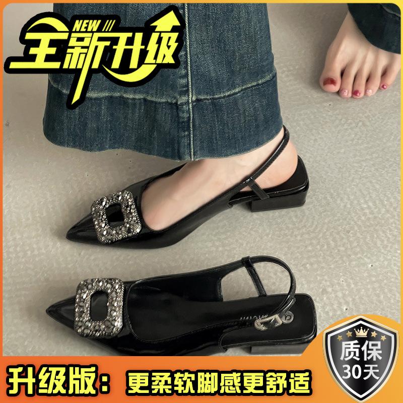 French Simple Temperament Rhinestone Square Buckle Pointed Sandals Women's 2025 Summer New Outer Wear with Skirt Fashion Shoes