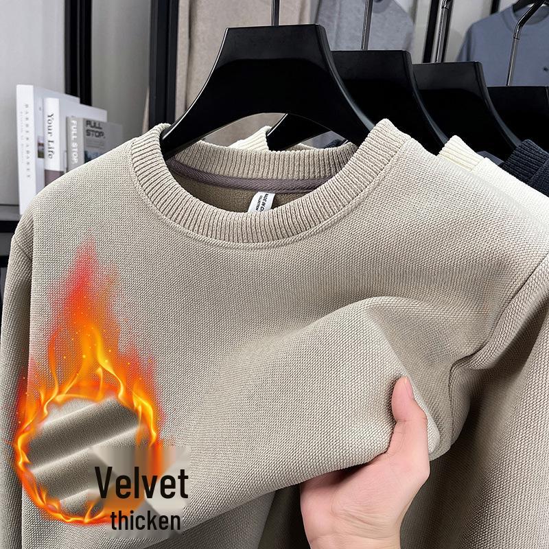 Men's Winter Warm Velvet Knit Pullover Sweater - Solid Color, Round Neck, Versatile Layer