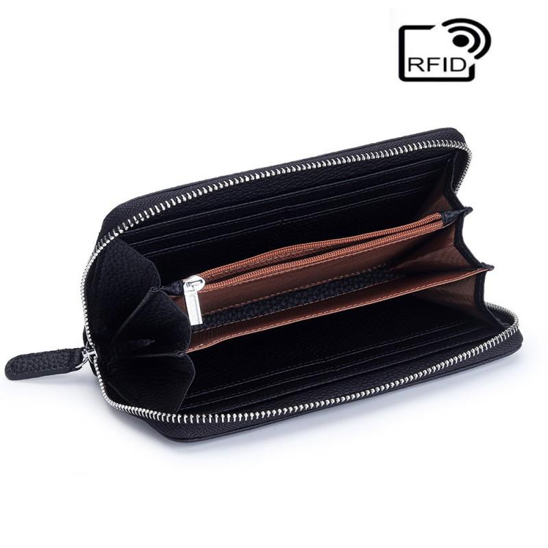 RFID Cowhide Women's Long Wallet Large Capacity Zipper Clutch Anti-theft Brush