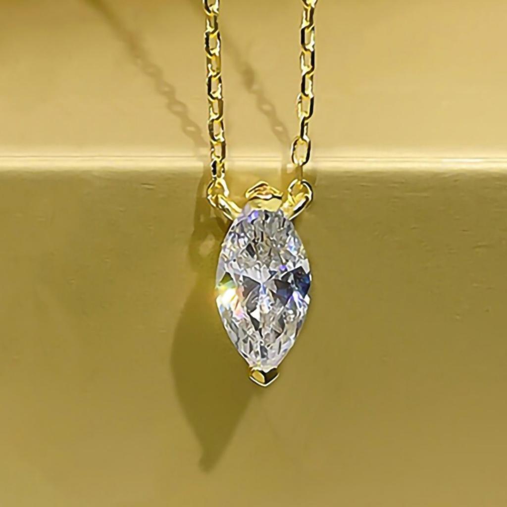Two Prong Marquise Cut Single Stone Pendant Thin Link Chain Two Tone Minimalist Women Neck Jewelry