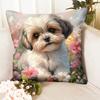 1Pc Shih Tzu Dog In Flowers Cute Printed Throw Pillow Cover,Suitable For Sofa, Bedroom, Living Room,Healing Gift For Dog Lovers.