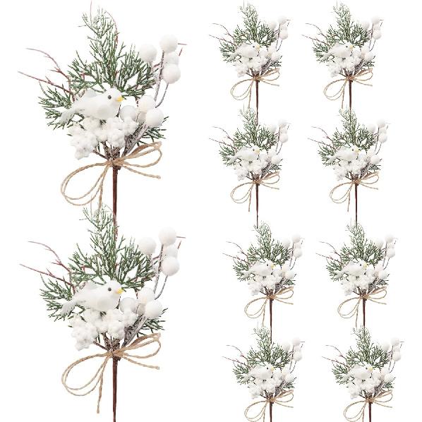 10 Pack Artificial Pine Branches Christmas Floral Picks Frosted White Berries Stems with Birds Holly Sprays for Holiday Decorations Great Addition To