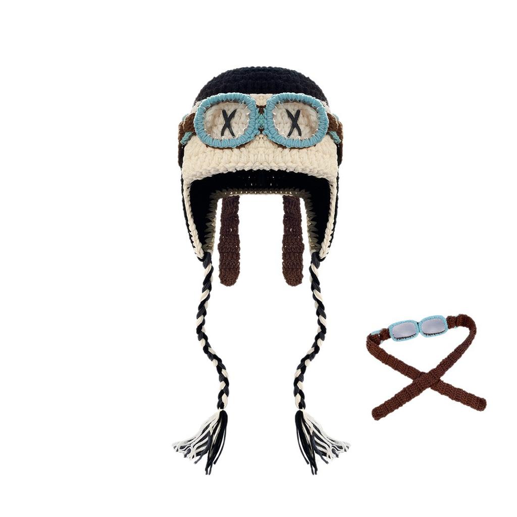 Tan Jianci's style glasses with detachable woolen hat for women, autumn and winter quirky knitted aviator hat with ear protection, Lei Feng hat